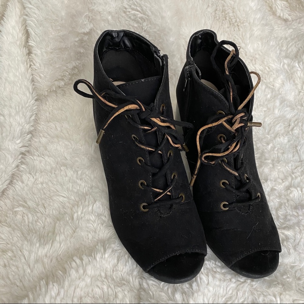 Bamboo Black Suede Lace Up Peep Toe Bootie - Picture 4 of 10